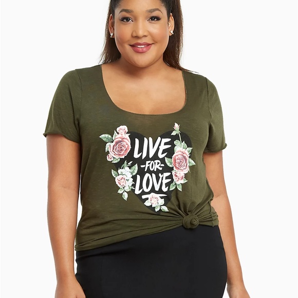 torrid Tops - Torrid Live for Love Olive Tee with Flower Graphic